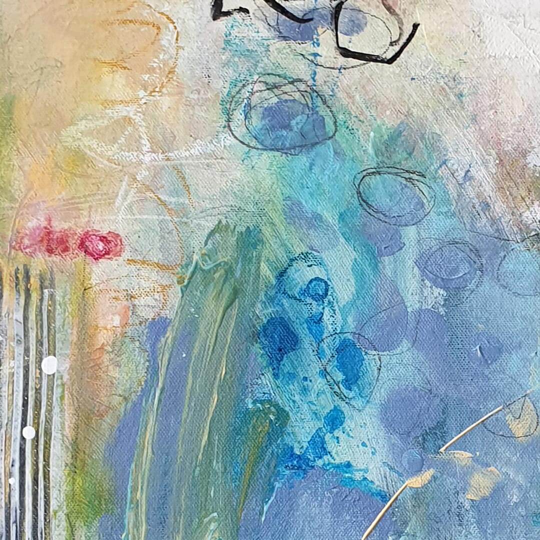 ציור מופשט מקורי בגווני תכלת, טורקיז, ורוד, ירוק וזהוב עם שכבות צבע וטקסטורות מלאות אור.